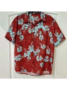 🌺 Jogal Men’s Resort Hawaiian Shirt L | Rusty Orange/Surf Blue EUC Vacay bound